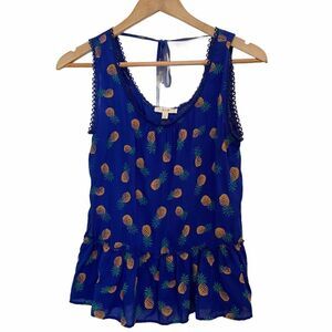 E Hanger M Blue Pineapple Print Ruffle Peplum Tank Size S